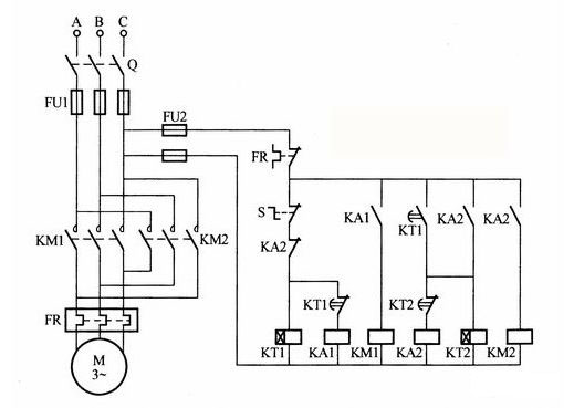 電動機正反轉糾偏(時間繼電器)控製電路接線圖